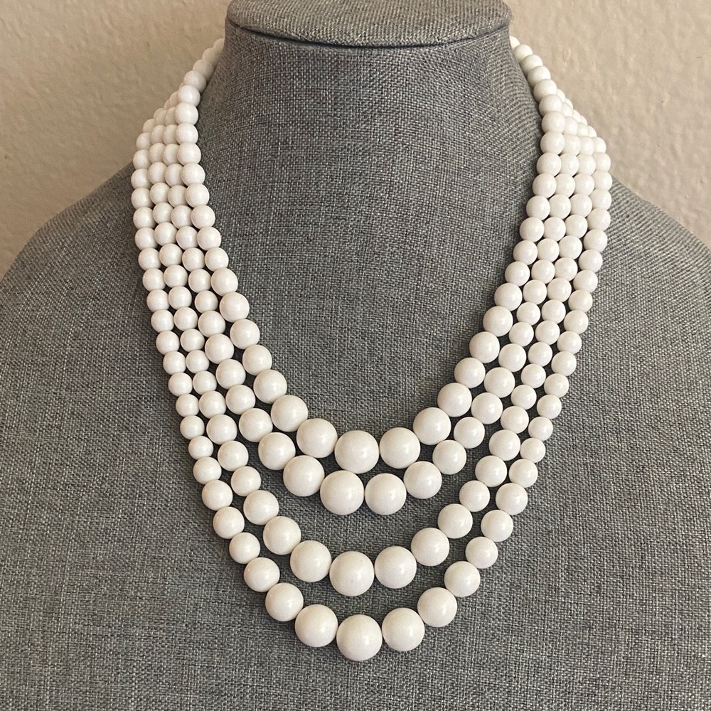 Vintage JAPAN 4 Strand WHITE MILK GLASS Beaded Necklace